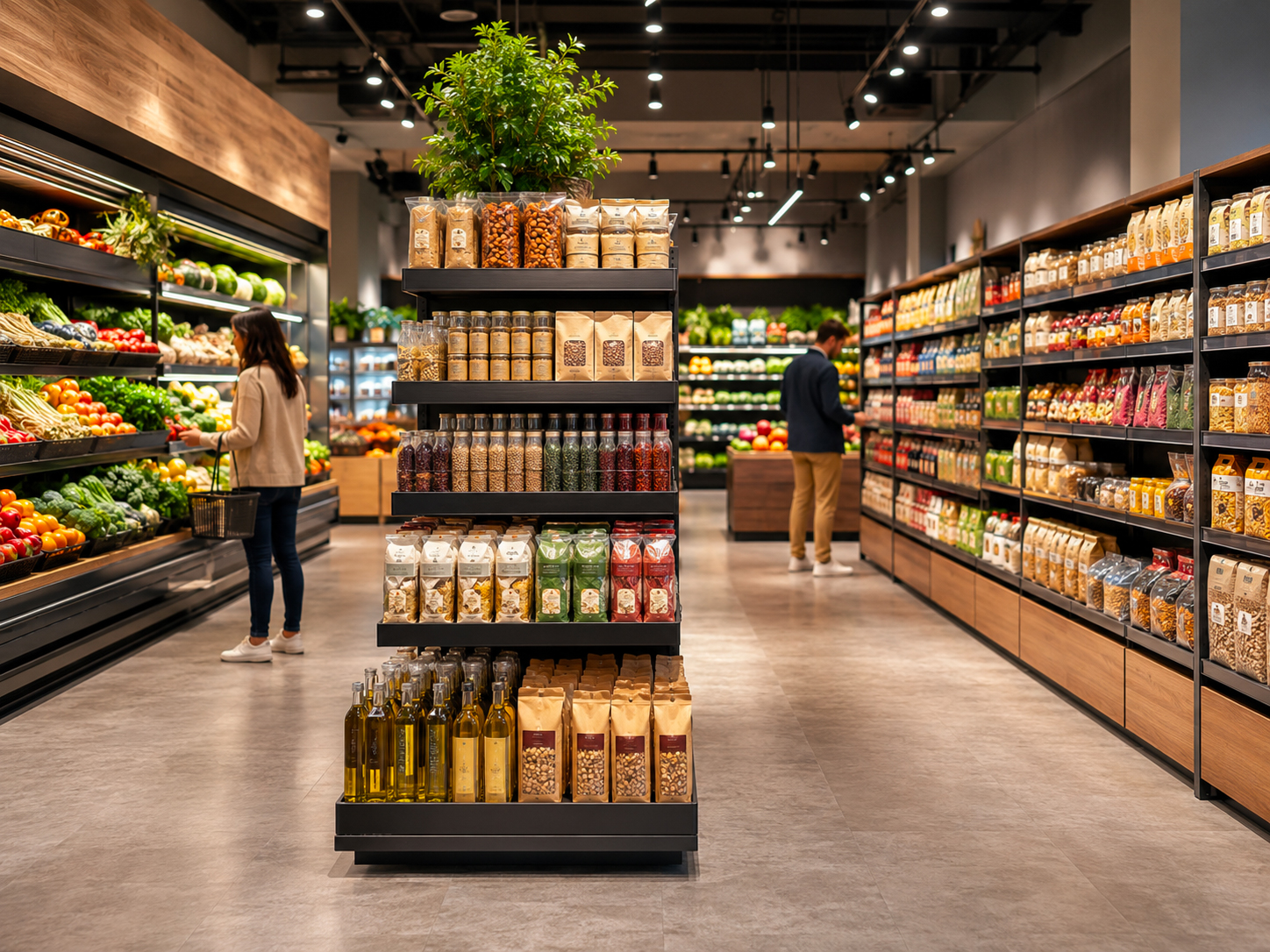 Visual merchandising nella distribuzione alimentare con esposizione organizzata dei prodotti in un punto vendita moderno.